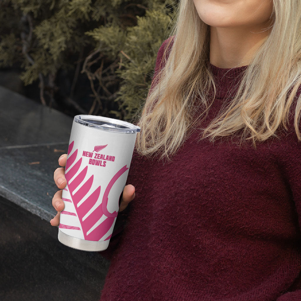 New Zealand Lawn Bowls Breast Cancer Custom Tumbler Cup Aotearoa Maori Silver Fern Pink Ribbon