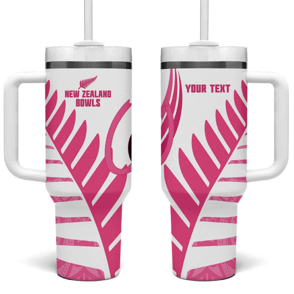 New Zealand Lawn Bowls Breast Cancer Custom Tumbler With Handle Aotearoa Maori Silver Fern Pink Ribbon