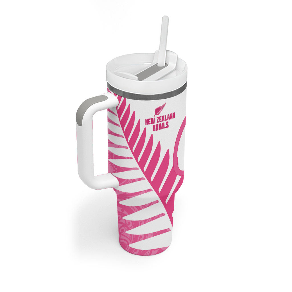 New Zealand Lawn Bowls Breast Cancer Custom Tumbler With Handle Aotearoa Maori Silver Fern Pink Ribbon