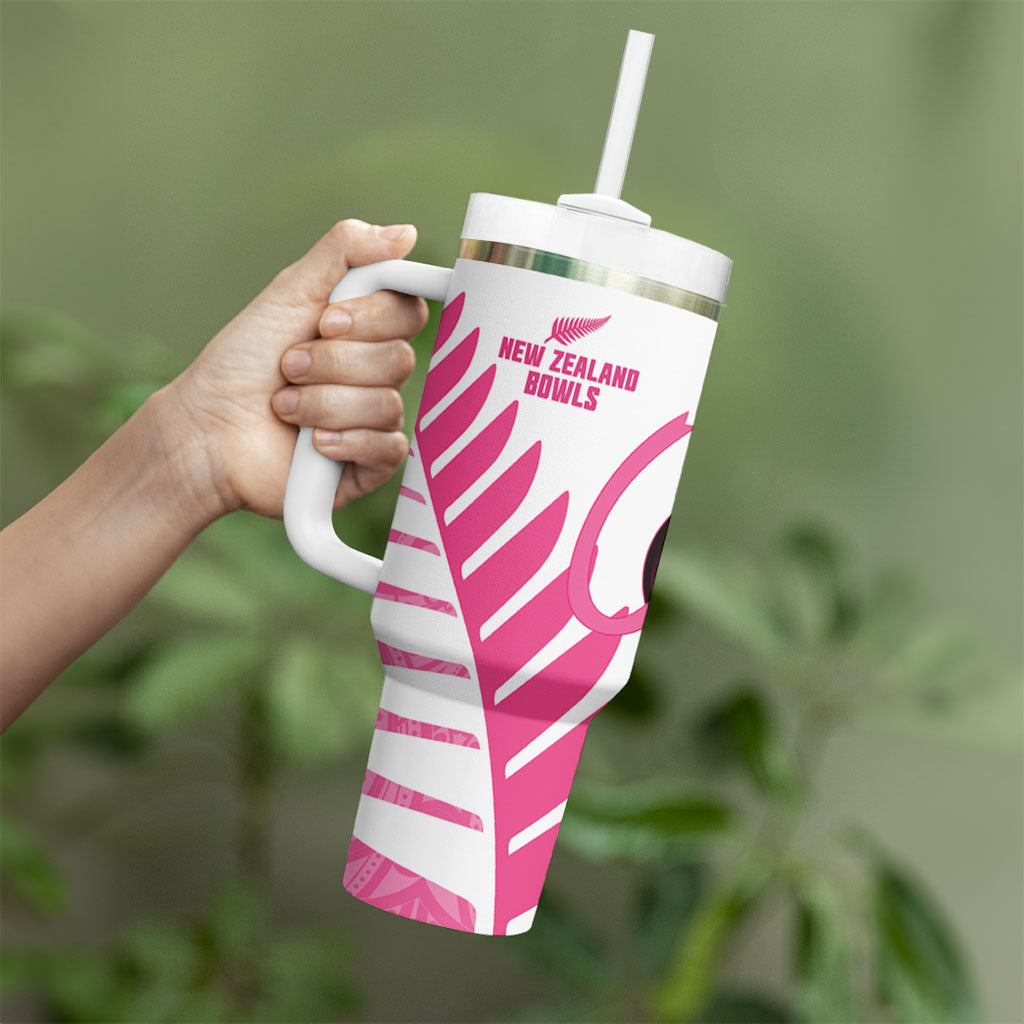 New Zealand Lawn Bowls Breast Cancer Custom Tumbler With Handle Aotearoa Maori Silver Fern Pink Ribbon