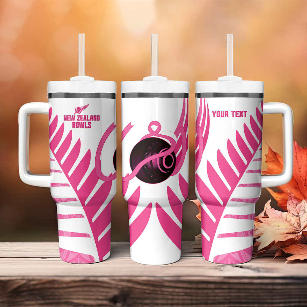 New Zealand Lawn Bowls Breast Cancer Custom Tumbler With Handle Aotearoa Maori Silver Fern Pink Ribbon