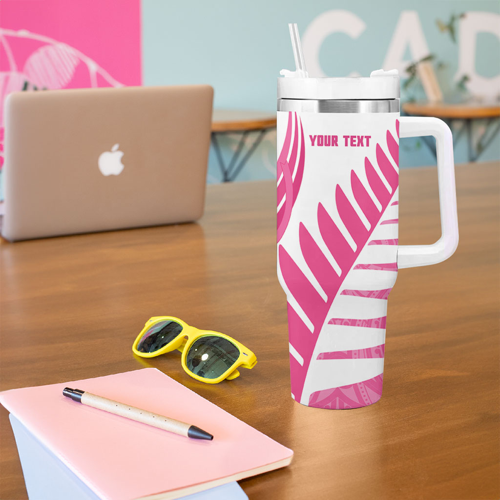 New Zealand Lawn Bowls Breast Cancer Custom Tumbler With Handle Aotearoa Maori Silver Fern Pink Ribbon