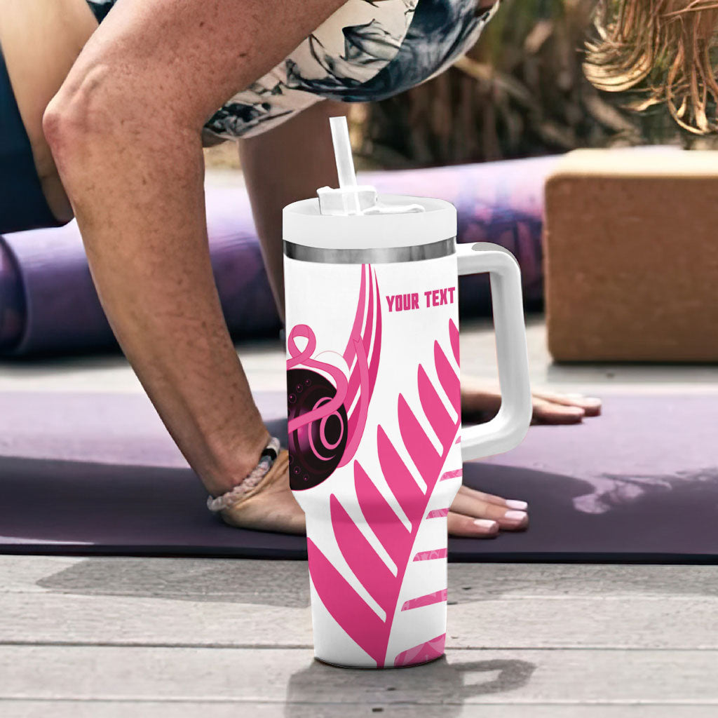 New Zealand Lawn Bowls Breast Cancer Custom Tumbler With Handle Aotearoa Maori Silver Fern Pink Ribbon