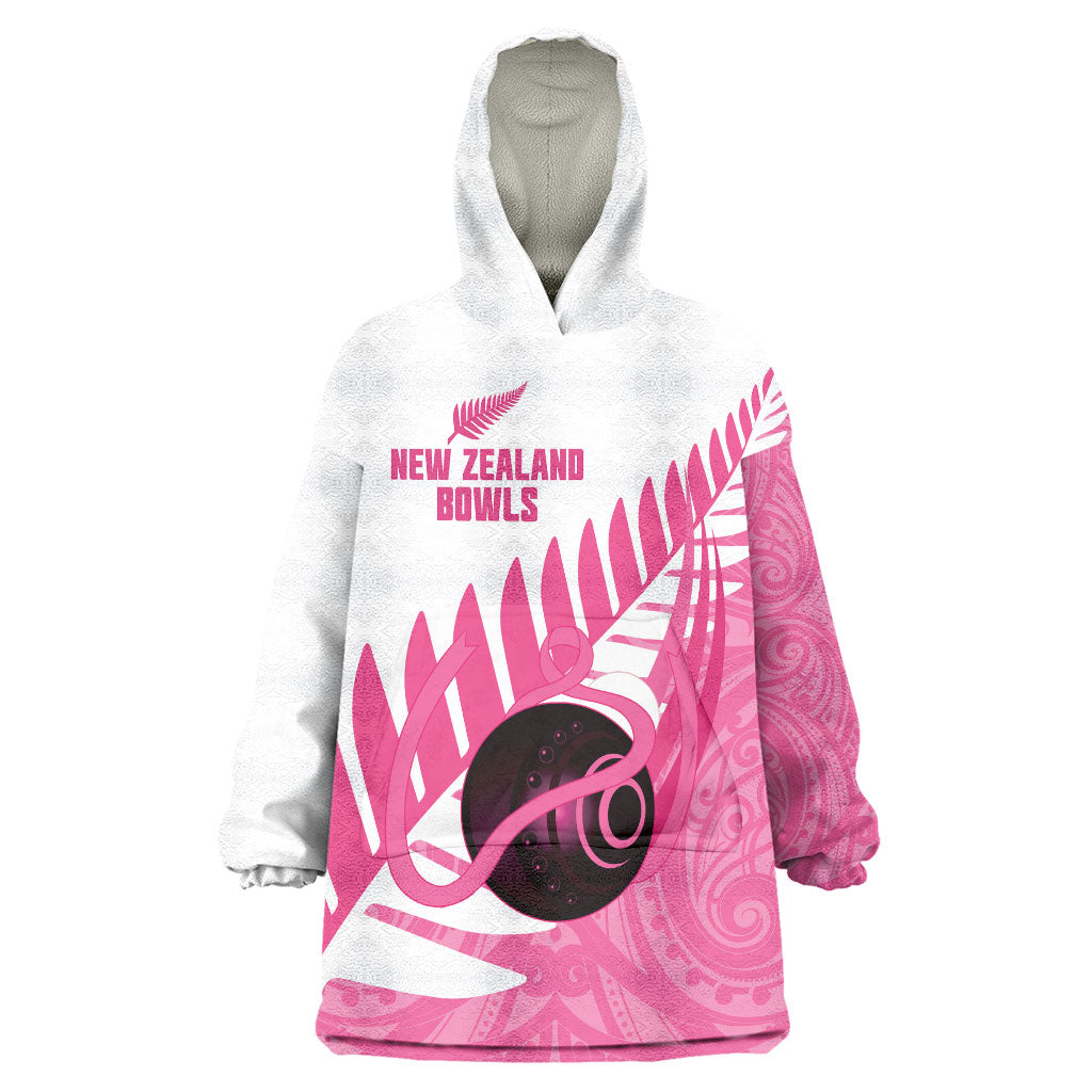 New Zealand Lawn Bowls Breast Cancer Custom Wearable Blanket Hoodie Aotearoa Maori Silver Fern Pink Ribbon