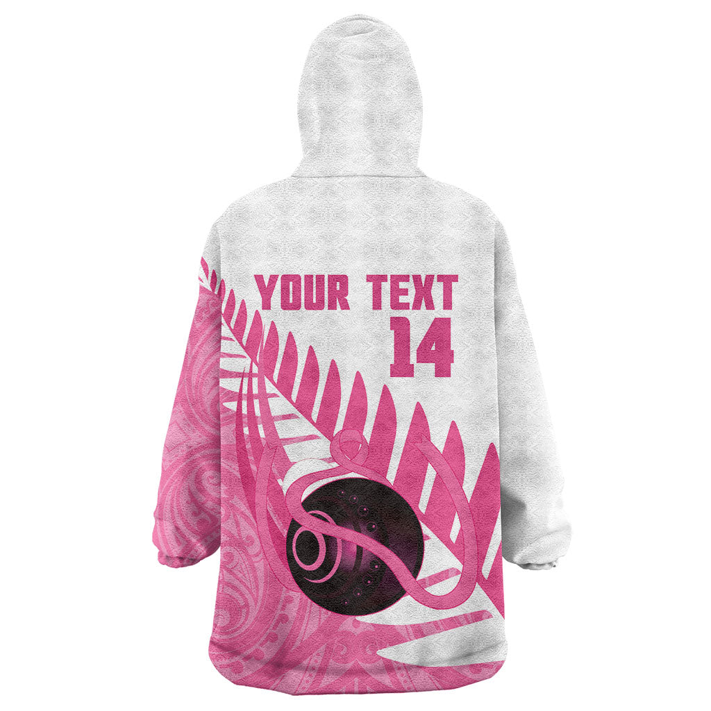 New Zealand Lawn Bowls Breast Cancer Custom Wearable Blanket Hoodie Aotearoa Maori Silver Fern Pink Ribbon