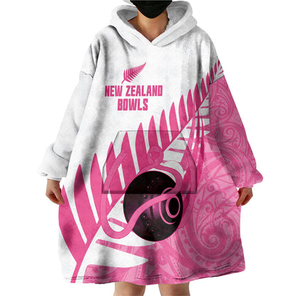 New Zealand Lawn Bowls Breast Cancer Custom Wearable Blanket Hoodie Aotearoa Maori Silver Fern Pink Ribbon