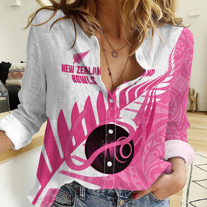 New Zealand Lawn Bowls Breast Cancer Custom Women Casual Shirt Aotearoa Maori Silver Fern Pink Ribbon