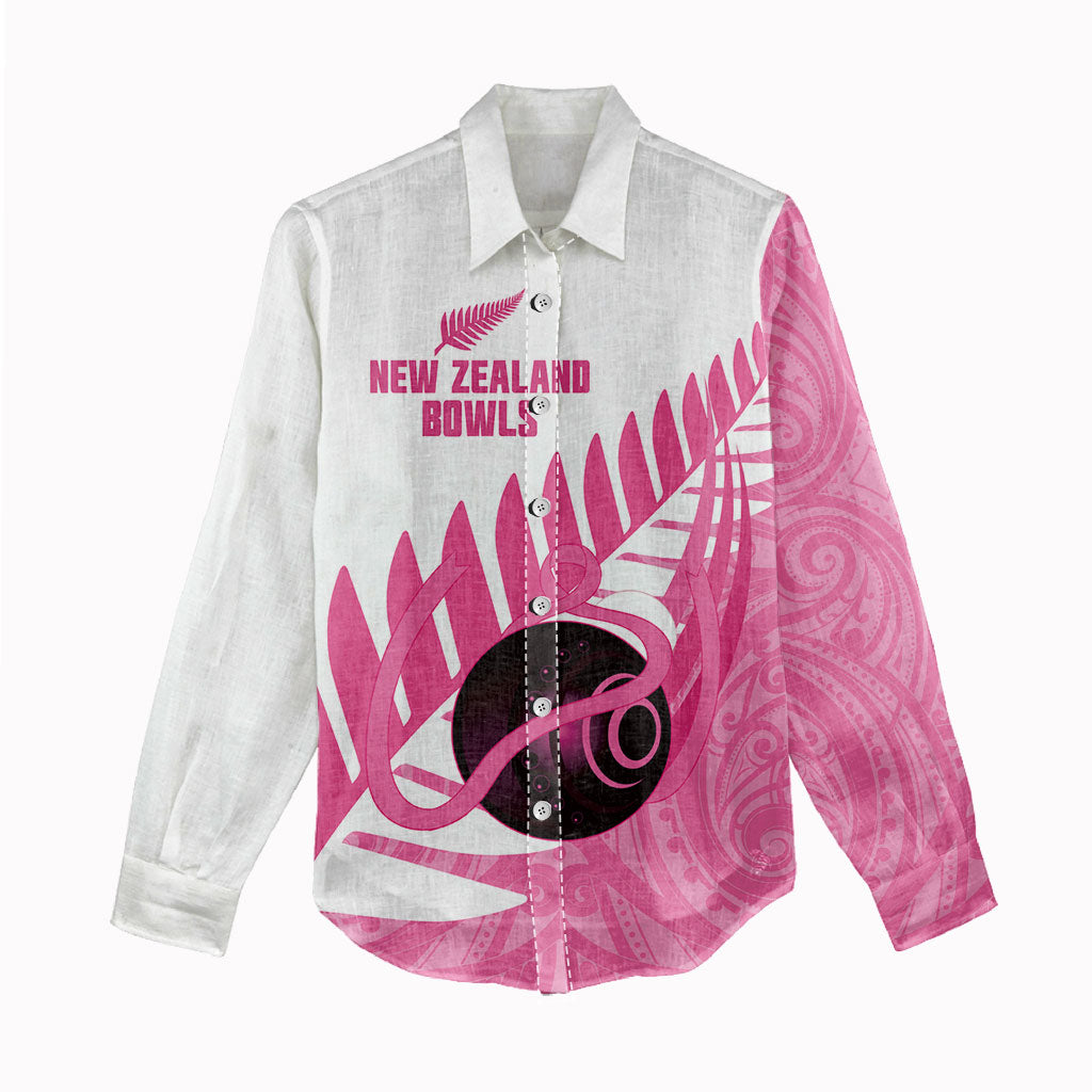 New Zealand Lawn Bowls Breast Cancer Custom Women Casual Shirt Aotearoa Maori Silver Fern Pink Ribbon