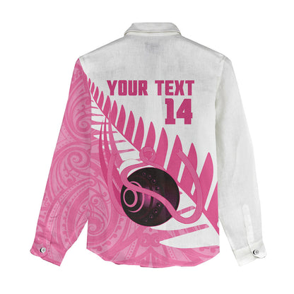 New Zealand Lawn Bowls Breast Cancer Custom Women Casual Shirt Aotearoa Maori Silver Fern Pink Ribbon