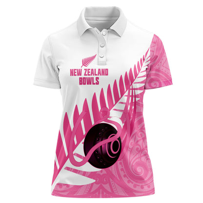 New Zealand Lawn Bowls Breast Cancer Custom Women Polo Shirt Aotearoa Maori Silver Fern Pink Ribbon