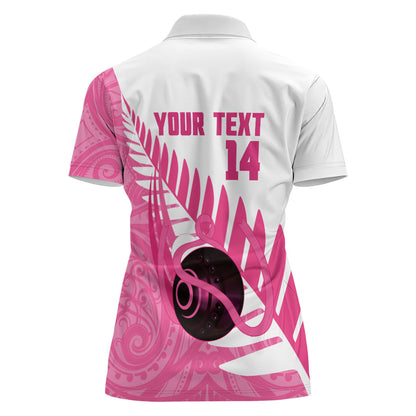 New Zealand Lawn Bowls Breast Cancer Custom Women Polo Shirt Aotearoa Maori Silver Fern Pink Ribbon