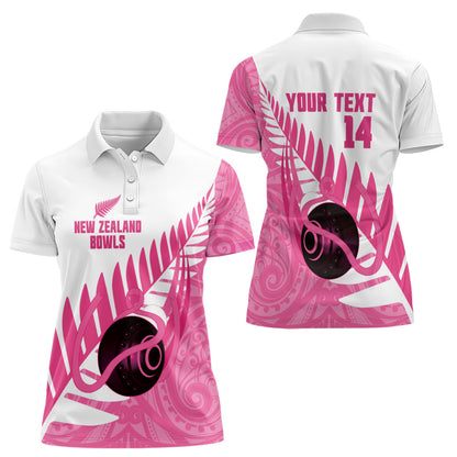 New Zealand Lawn Bowls Breast Cancer Custom Women Polo Shirt Aotearoa Maori Silver Fern Pink Ribbon