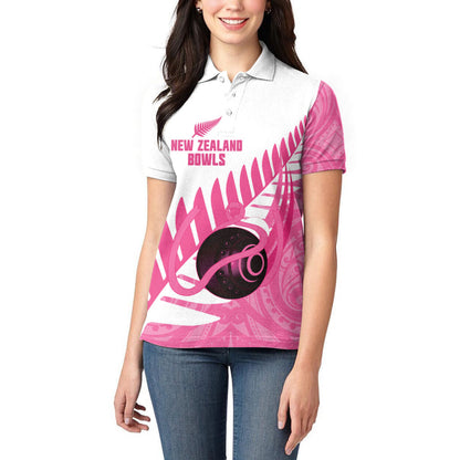 New Zealand Lawn Bowls Breast Cancer Custom Women Polo Shirt Aotearoa Maori Silver Fern Pink Ribbon
