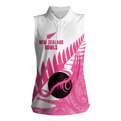 New Zealand Lawn Bowls Breast Cancer Custom Women Sleeveless Polo Shirt Aotearoa Maori Silver Fern Pink Ribbon