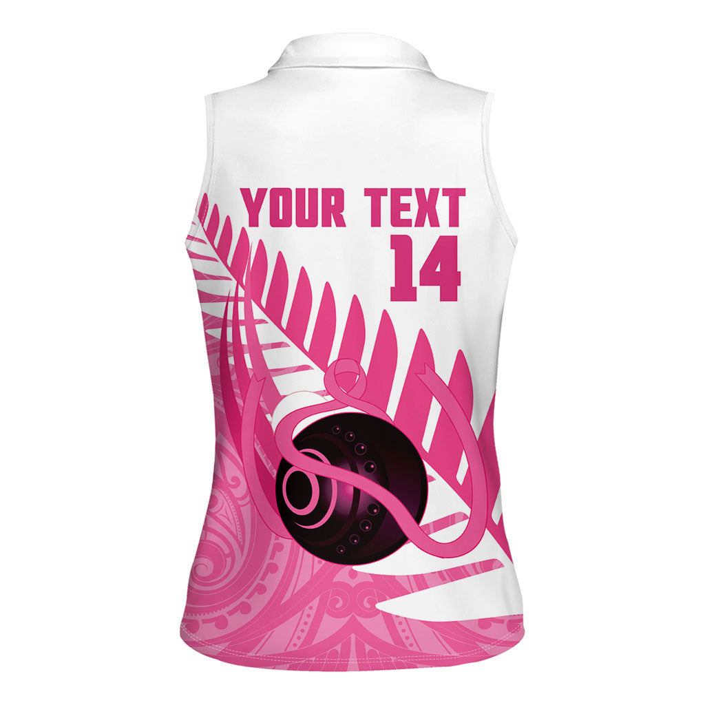 New Zealand Lawn Bowls Breast Cancer Custom Women Sleeveless Polo Shirt Aotearoa Maori Silver Fern Pink Ribbon