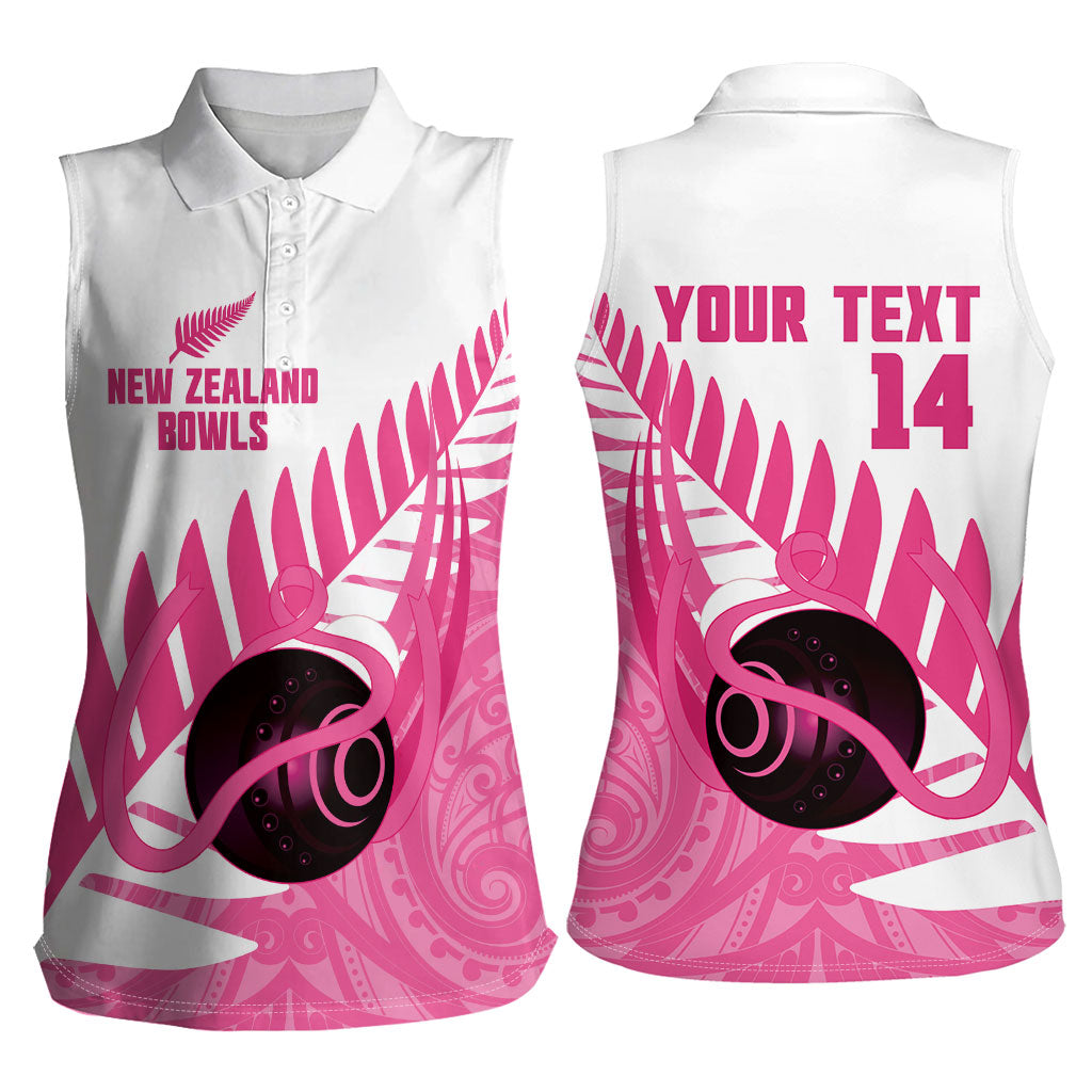 New Zealand Lawn Bowls Breast Cancer Custom Women Sleeveless Polo Shirt Aotearoa Maori Silver Fern Pink Ribbon