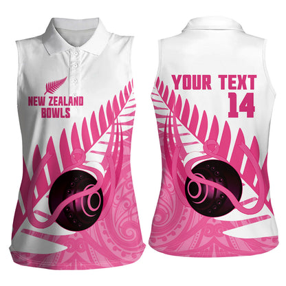 New Zealand Lawn Bowls Breast Cancer Custom Women Sleeveless Polo Shirt Aotearoa Maori Silver Fern Pink Ribbon