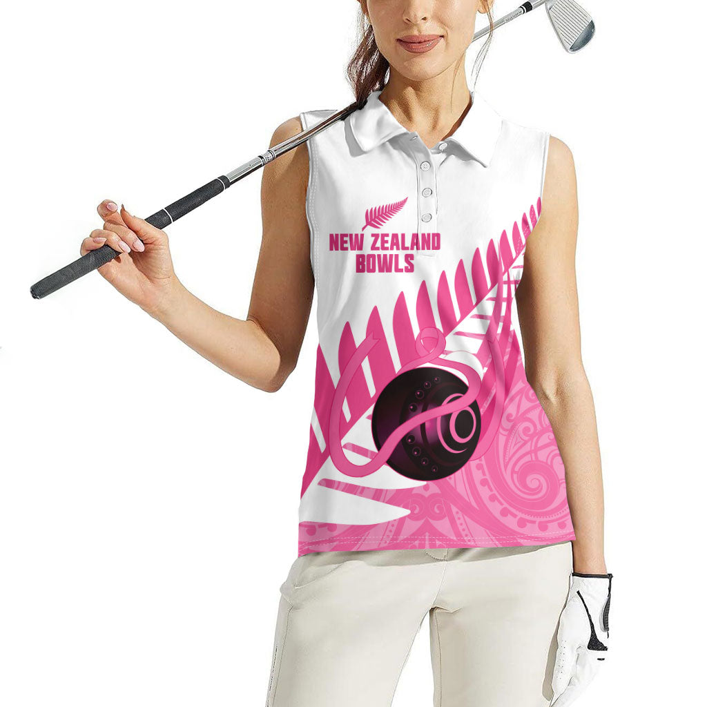New Zealand Lawn Bowls Breast Cancer Custom Women Sleeveless Polo Shirt Aotearoa Maori Silver Fern Pink Ribbon