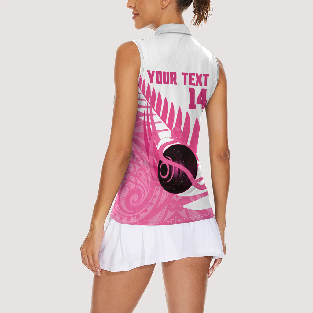 New Zealand Lawn Bowls Breast Cancer Custom Women Sleeveless Polo Shirt Aotearoa Maori Silver Fern Pink Ribbon