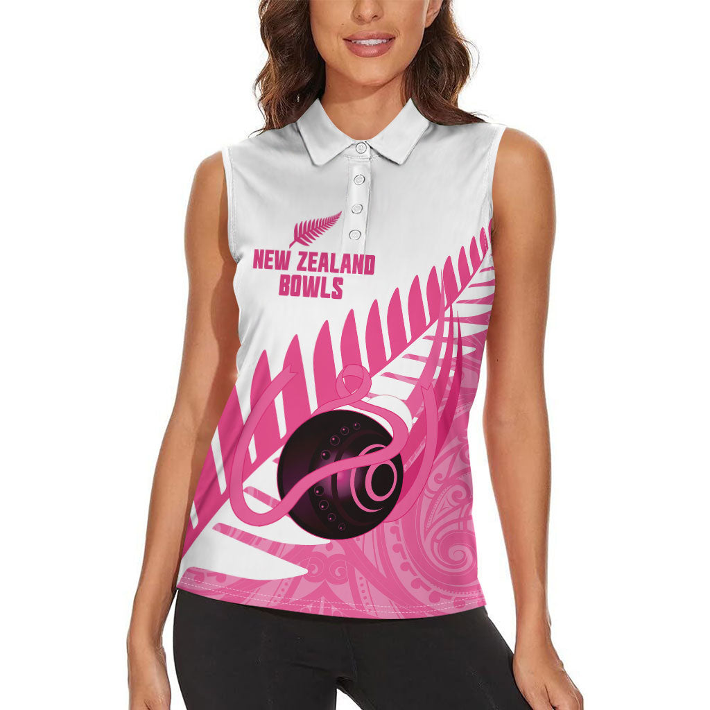New Zealand Lawn Bowls Breast Cancer Custom Women Sleeveless Polo Shirt Aotearoa Maori Silver Fern Pink Ribbon