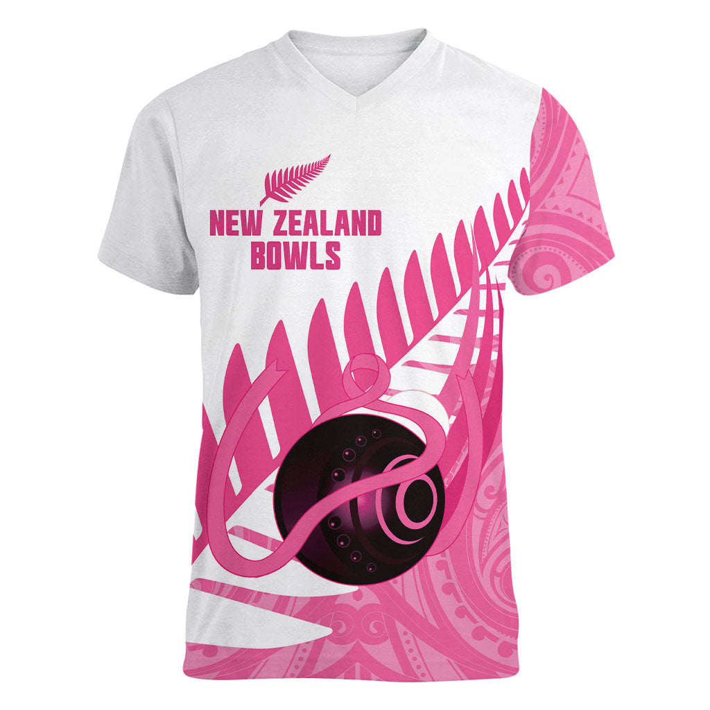 New Zealand Lawn Bowls Breast Cancer Custom Women V-Neck T-Shirt Aotearoa Maori Silver Fern Pink Ribbon