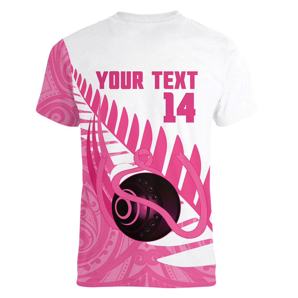 New Zealand Lawn Bowls Breast Cancer Custom Women V-Neck T-Shirt Aotearoa Maori Silver Fern Pink Ribbon