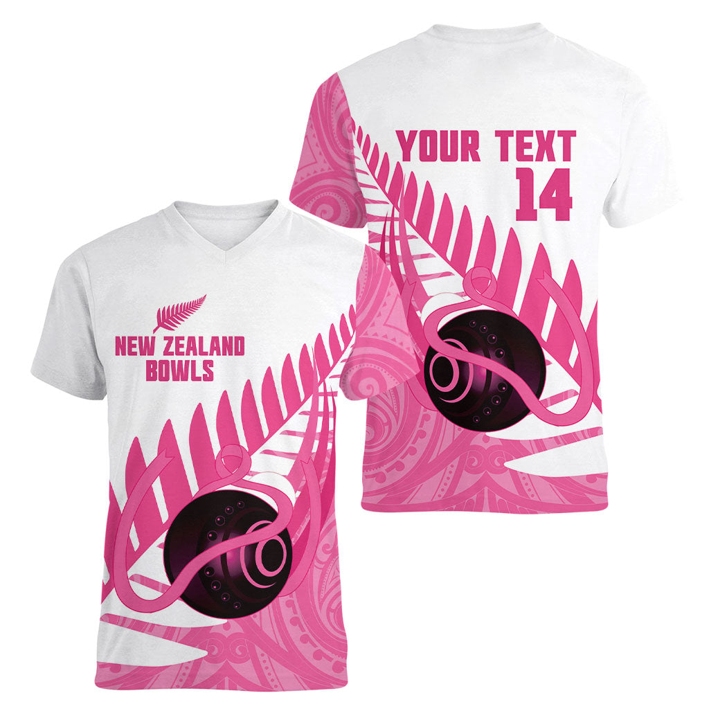 New Zealand Lawn Bowls Breast Cancer Custom Women V-Neck T-Shirt Aotearoa Maori Silver Fern Pink Ribbon