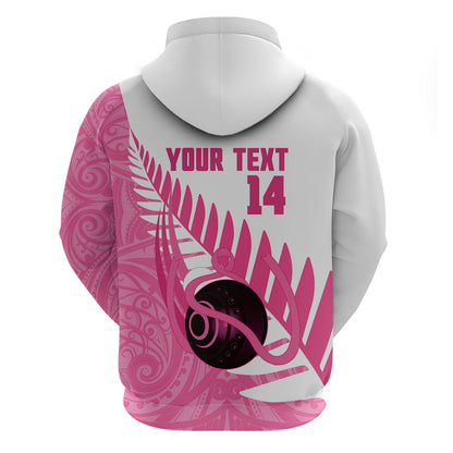 New Zealand Lawn Bowls Breast Cancer Custom Zip Hoodie Aotearoa Maori Silver Fern Pink Ribbon