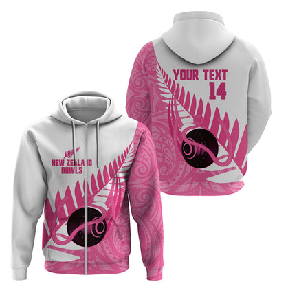 New Zealand Lawn Bowls Breast Cancer Custom Zip Hoodie Aotearoa Maori Silver Fern Pink Ribbon
