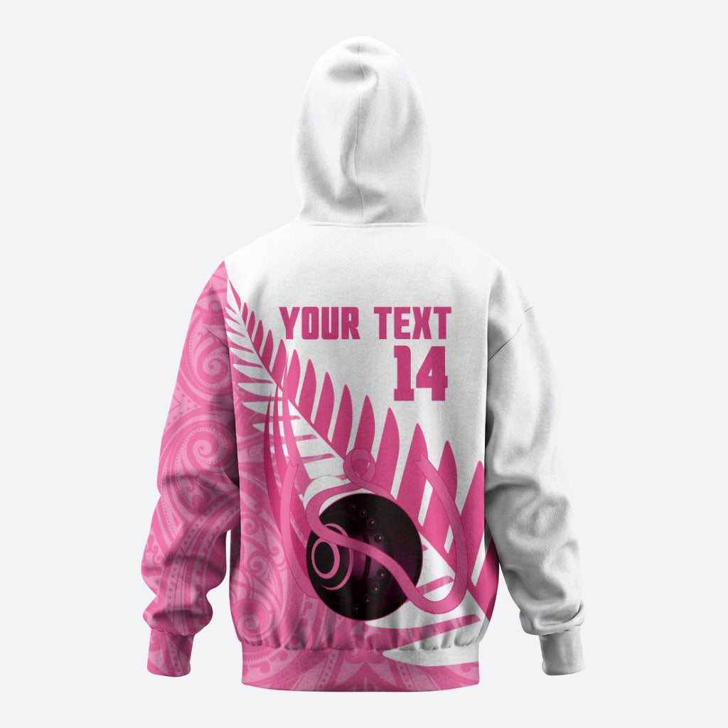 New Zealand Lawn Bowls Breast Cancer Custom Zip Hoodie Aotearoa Maori Silver Fern Pink Ribbon