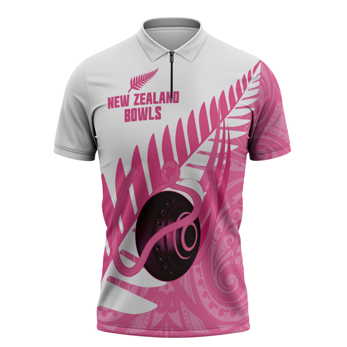 New Zealand Lawn Bowls Breast Cancer Custom Zipper Polo Shirt Aotearoa Maori Silver Fern Pink Ribbon