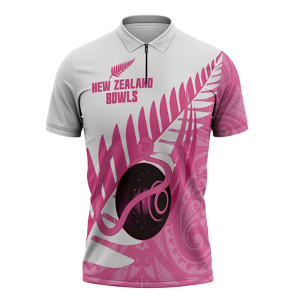 New Zealand Lawn Bowls Breast Cancer Custom Zipper Polo Shirt Aotearoa Maori Silver Fern Pink Ribbon