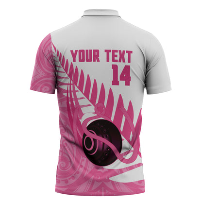 New Zealand Lawn Bowls Breast Cancer Custom Zipper Polo Shirt Aotearoa Maori Silver Fern Pink Ribbon