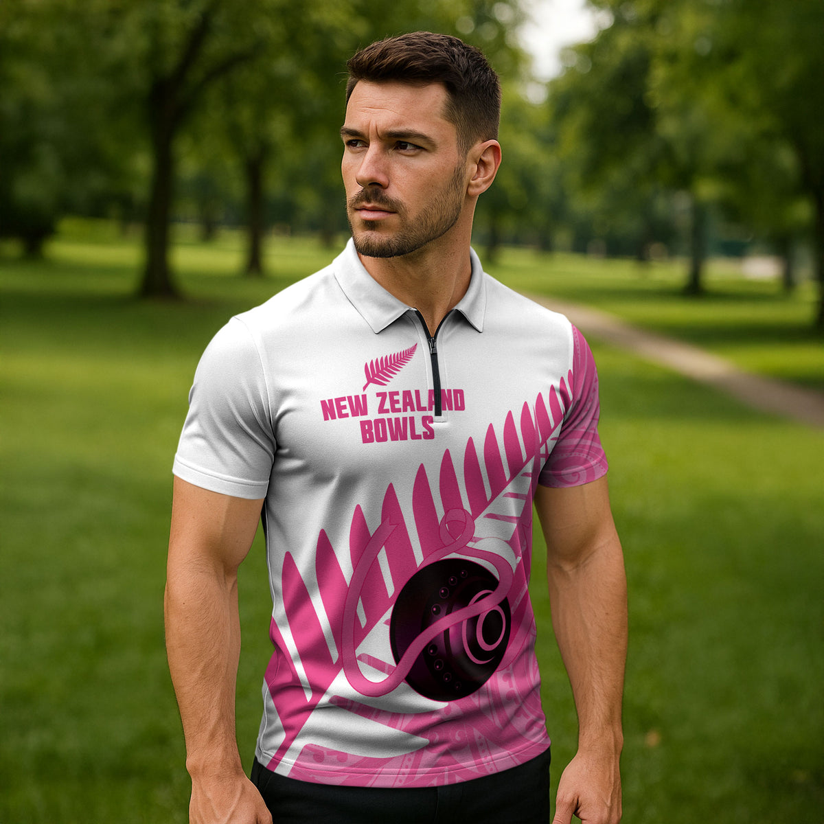 New Zealand Lawn Bowls Breast Cancer Custom Zipper Polo Shirt Aotearoa Maori Silver Fern Pink Ribbon
