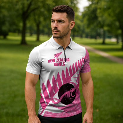 New Zealand Lawn Bowls Breast Cancer Custom Zipper Polo Shirt Aotearoa Maori Silver Fern Pink Ribbon