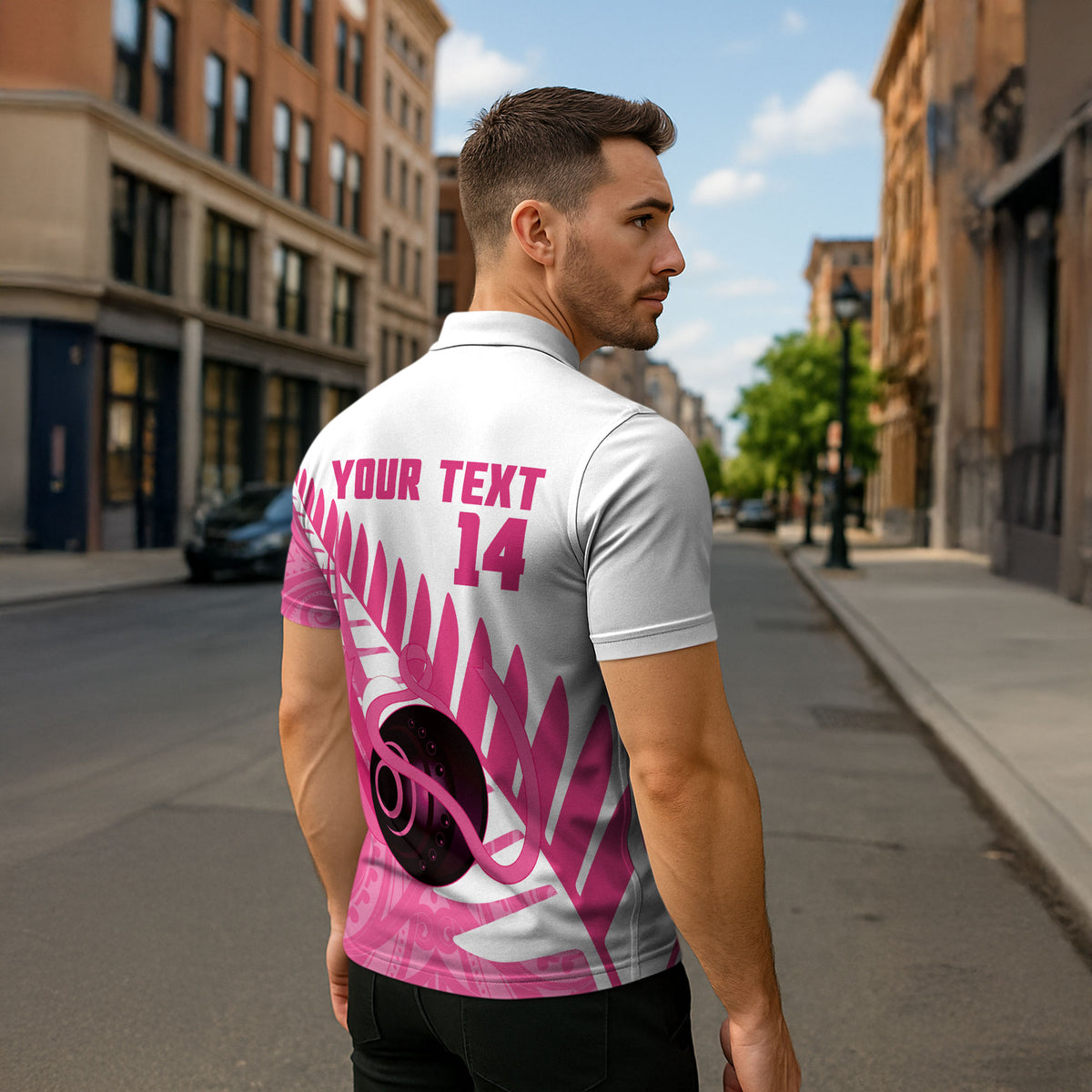 New Zealand Lawn Bowls Breast Cancer Custom Zipper Polo Shirt Aotearoa Maori Silver Fern Pink Ribbon