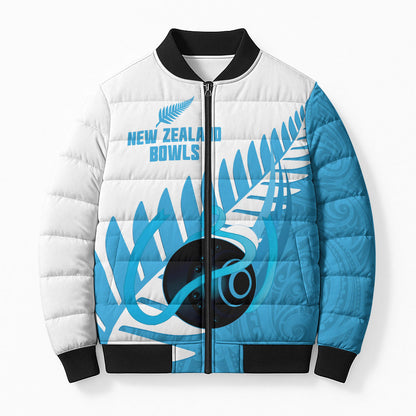 New Zealand Lawn Bowls Prostate Cancer Custom Bomber Puffer Jacket Aotearoa Maori Silver Fern Blue Ribbon