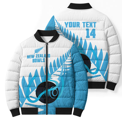 New Zealand Lawn Bowls Prostate Cancer Custom Bomber Puffer Jacket Aotearoa Maori Silver Fern Blue Ribbon