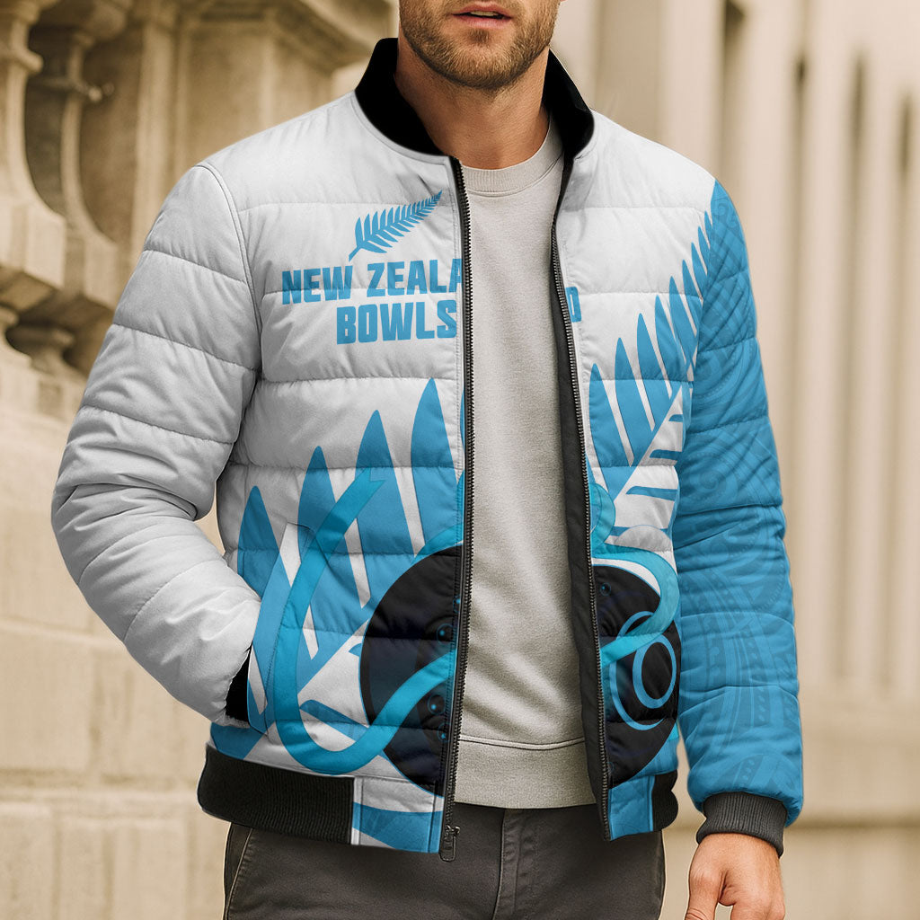New Zealand Lawn Bowls Prostate Cancer Custom Bomber Puffer Jacket Aotearoa Maori Silver Fern Blue Ribbon