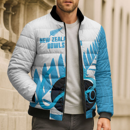 New Zealand Lawn Bowls Prostate Cancer Custom Bomber Puffer Jacket Aotearoa Maori Silver Fern Blue Ribbon