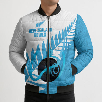 New Zealand Lawn Bowls Prostate Cancer Custom Bomber Puffer Jacket Aotearoa Maori Silver Fern Blue Ribbon