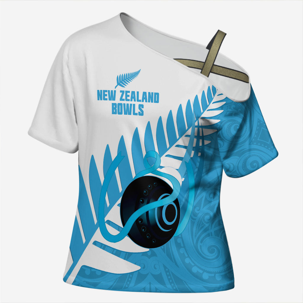 New Zealand Lawn Bowls Prostate Cancer Custom Cross Shoulder Shirt Aotearoa Maori Silver Fern Blue Ribbon