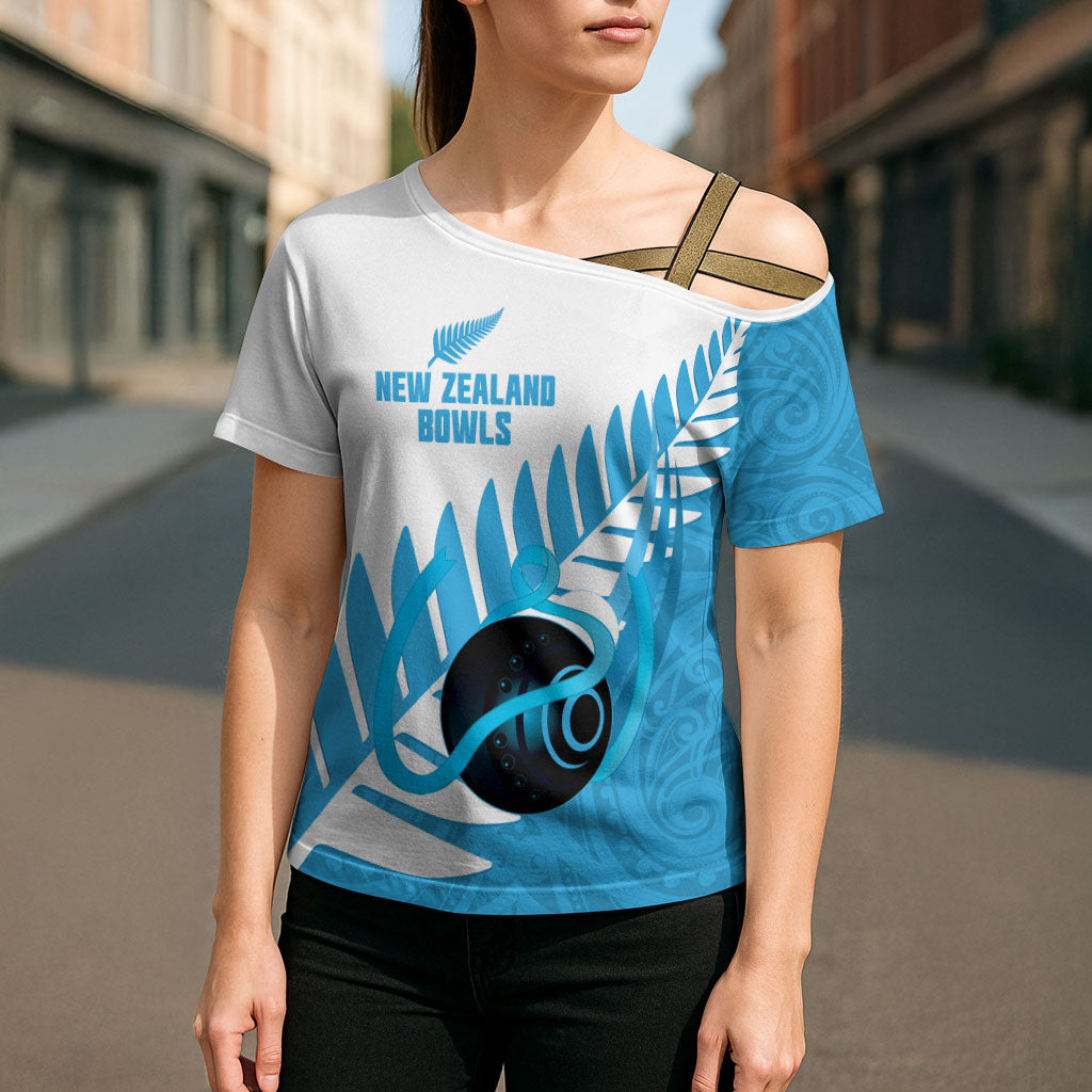 New Zealand Lawn Bowls Prostate Cancer Custom Cross Shoulder Shirt Aotearoa Maori Silver Fern Blue Ribbon