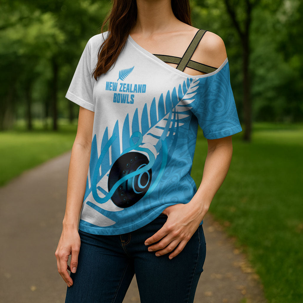 New Zealand Lawn Bowls Prostate Cancer Custom Cross Shoulder Shirt Aotearoa Maori Silver Fern Blue Ribbon