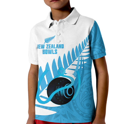 New Zealand Lawn Bowls Prostate Cancer Custom Kid Polo Shirt Aotearoa Maori Silver Fern Blue Ribbon