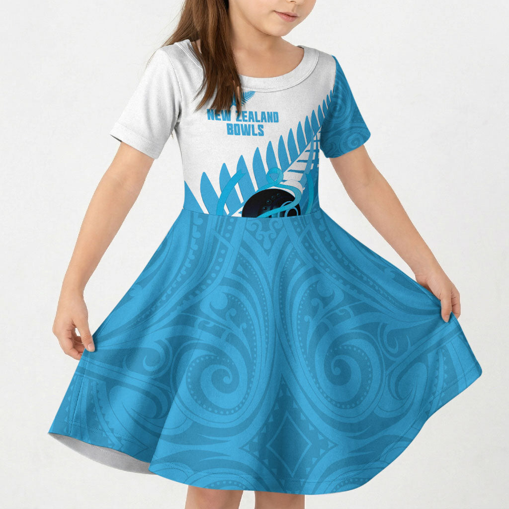 New Zealand Lawn Bowls Prostate Cancer Custom Kid Short Sleeve Dress Aotearoa Maori Silver Fern Blue Ribbon