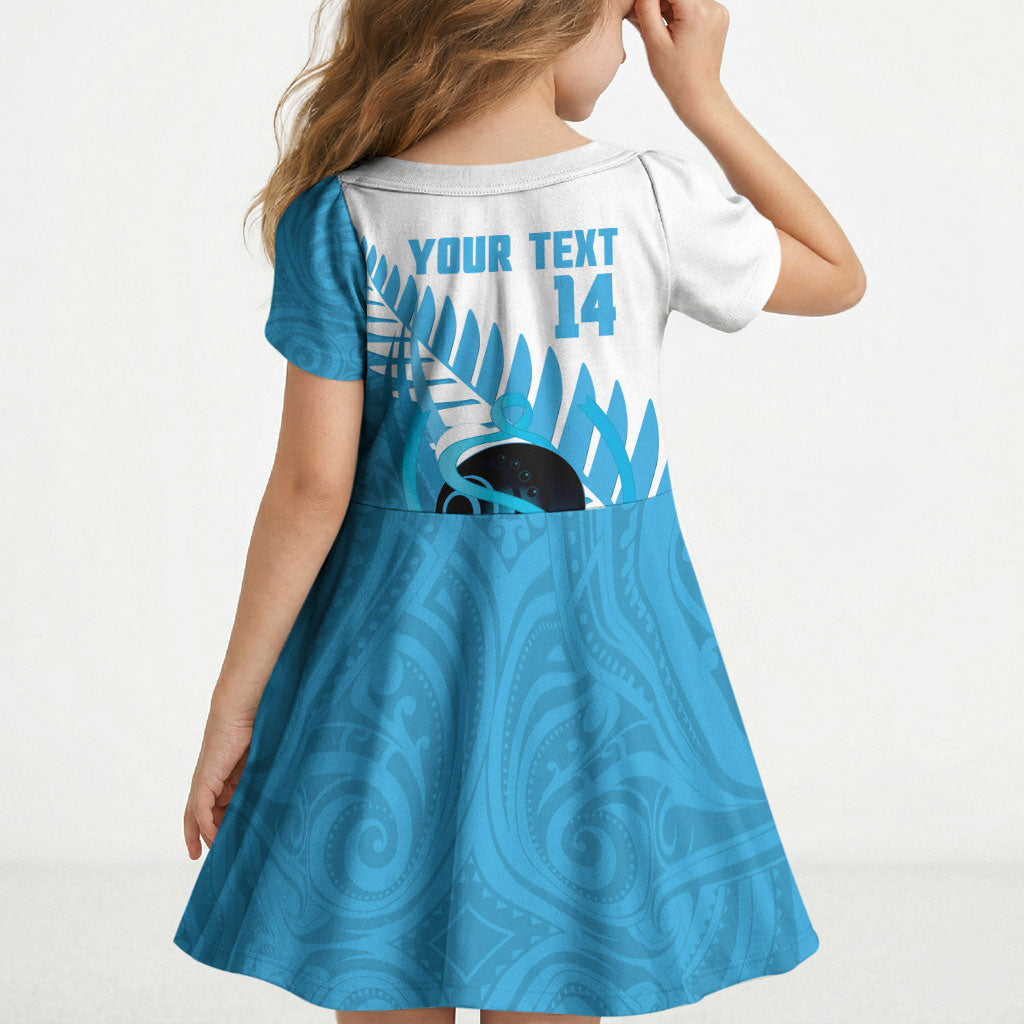 New Zealand Lawn Bowls Prostate Cancer Custom Kid Short Sleeve Dress Aotearoa Maori Silver Fern Blue Ribbon