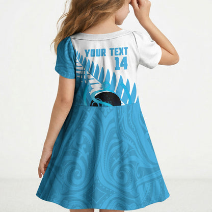 New Zealand Lawn Bowls Prostate Cancer Custom Kid Short Sleeve Dress Aotearoa Maori Silver Fern Blue Ribbon