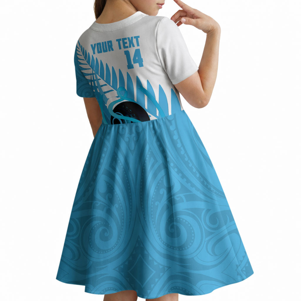 New Zealand Lawn Bowls Prostate Cancer Custom Kid Short Sleeve Dress Aotearoa Maori Silver Fern Blue Ribbon