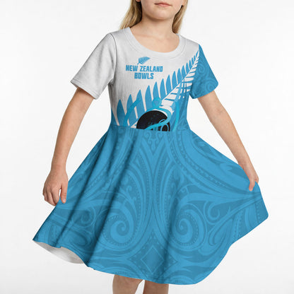 New Zealand Lawn Bowls Prostate Cancer Custom Kid Short Sleeve Dress Aotearoa Maori Silver Fern Blue Ribbon